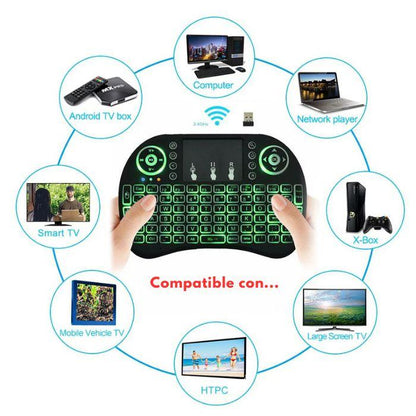 El miniteclado inalámbrico Bluetooth 2.4G con retroiluminación colorida y touchpad es la herramienta perfecta para controlar tu Android TV Box o PC de manera eficiente.